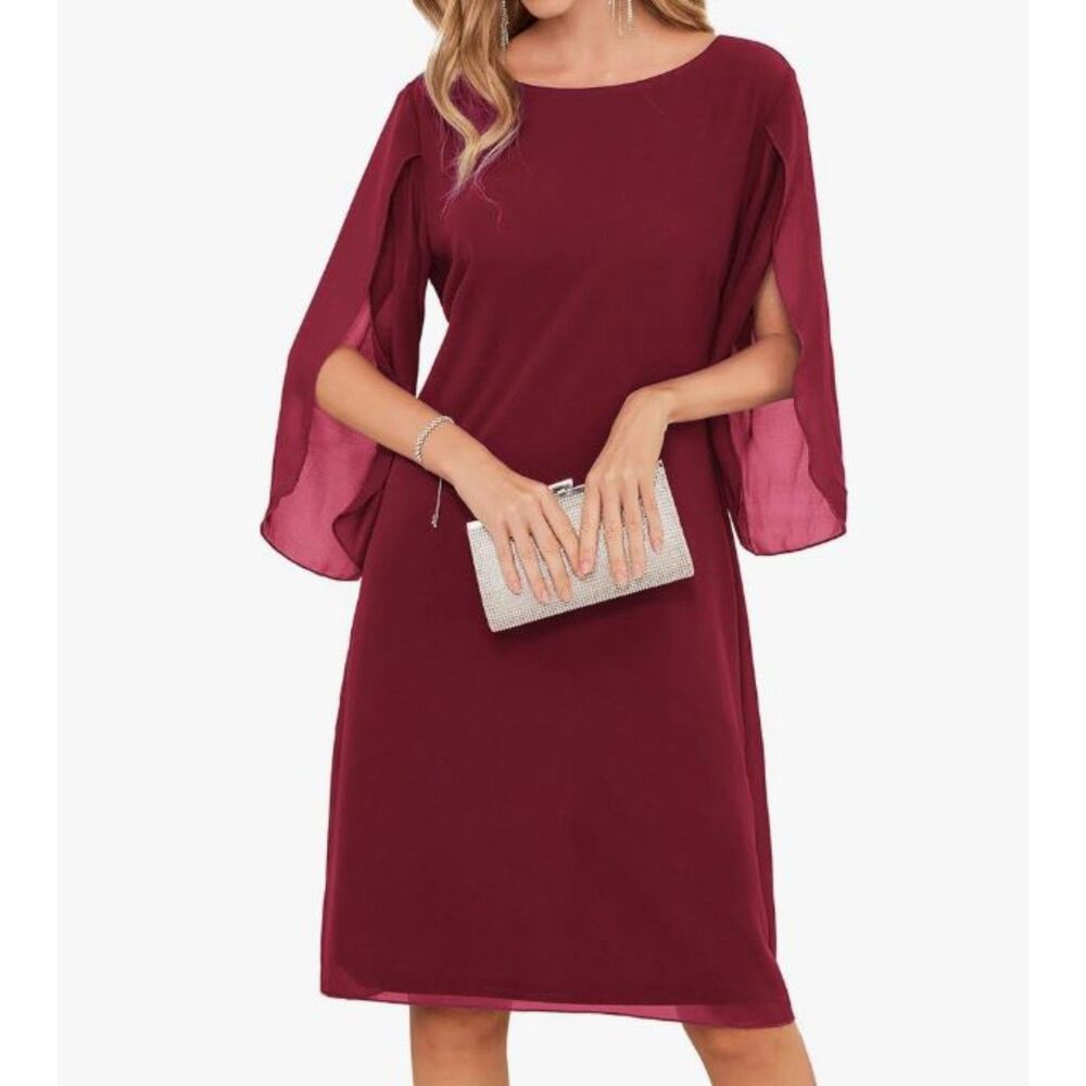 NEW Grace Karin Maroon Chiffon Dress Flutter Sleeve Shift Cocktail Party Size 12